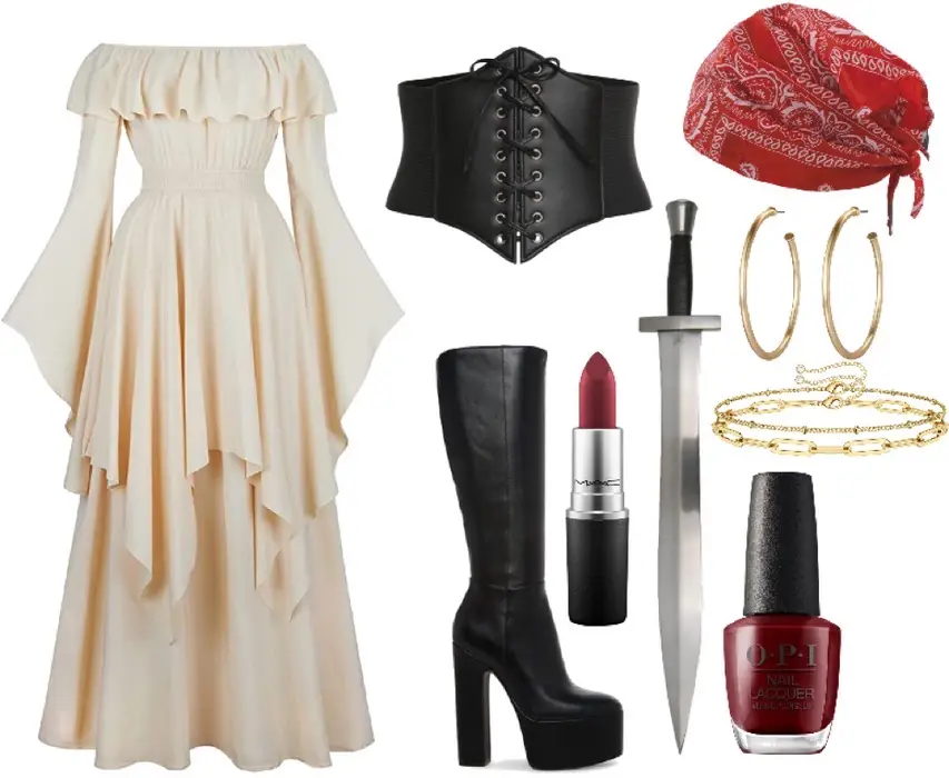 Long off the shoulder, off shite dress, black pleather corset, black thigh high boots with a heel, red bandana, gold earrings and necklaces, red lipstick and nail  polish, and a costume sword. 