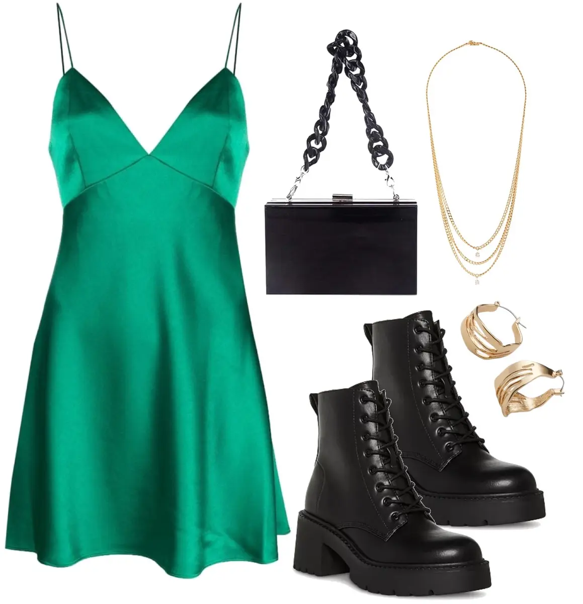 Green satin dress paired with black combat boots, a black clutch with a tick black chain, and gold jewelry.