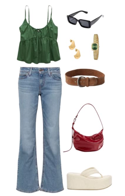Low rise jeans with wide ankles, a green spaghetti strap top, brown leather belt, red patent leather purse, creamy wedge sandal, black sunglasses, gold geometrical shaped drop earrings, and a gold watch with green details. 