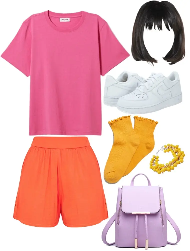 Orange shorts, yellow socks, white tennis shoes, a pink shirt, a yellow beaded bracelet, purple backpack, and a black bob wig.