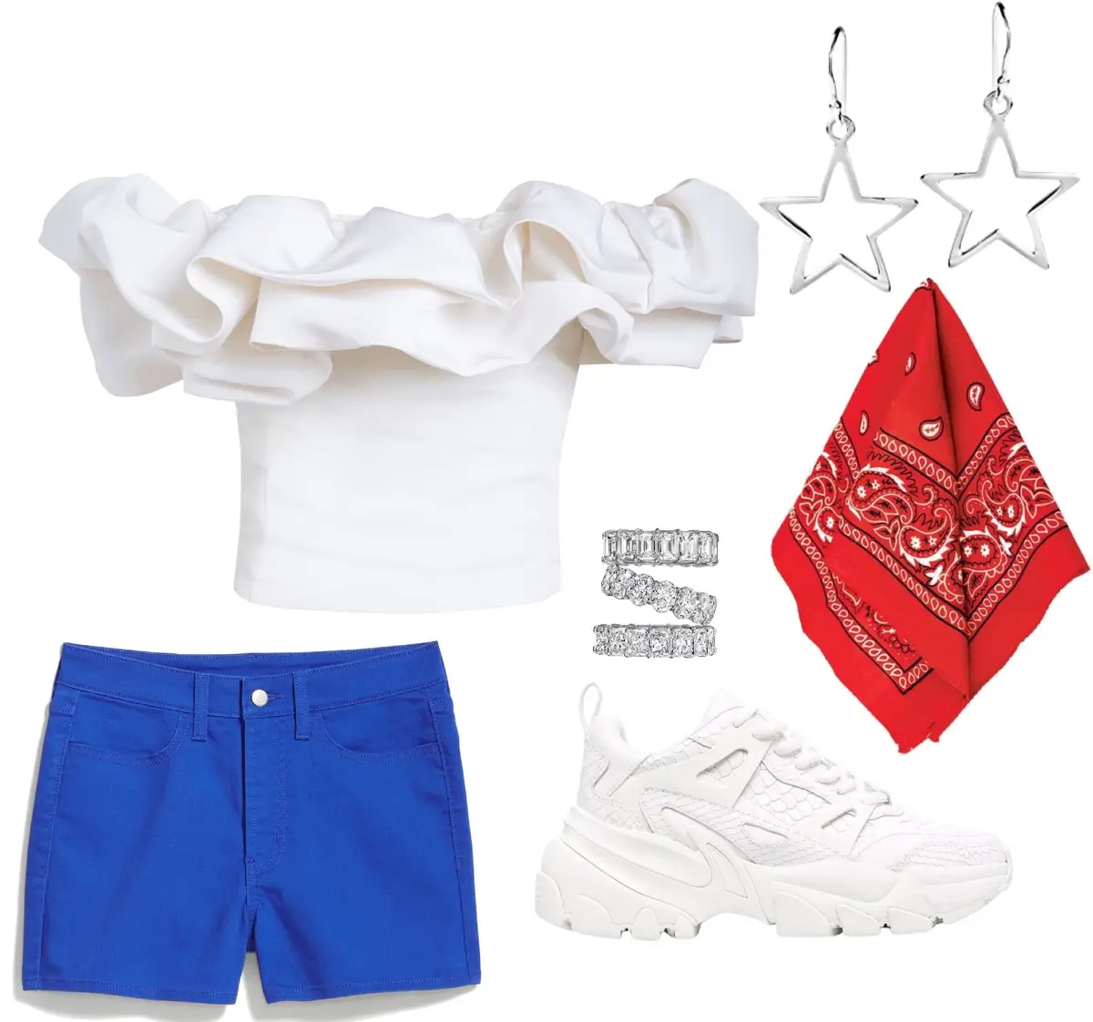 White off the shoulder blouse with ruffles, blue shorts, white tennis shoes, silver star earrings, red bandana, and silver rings. 