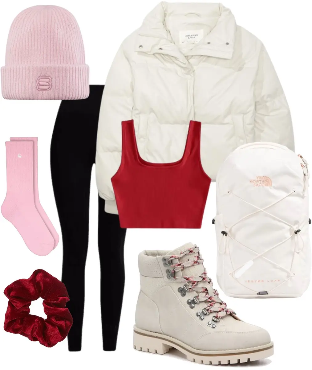 White puffer jacket, black leggings, red crop top, pink beanie, pink socks, red scrunchie, white backpack, and off-white hiking boots. 