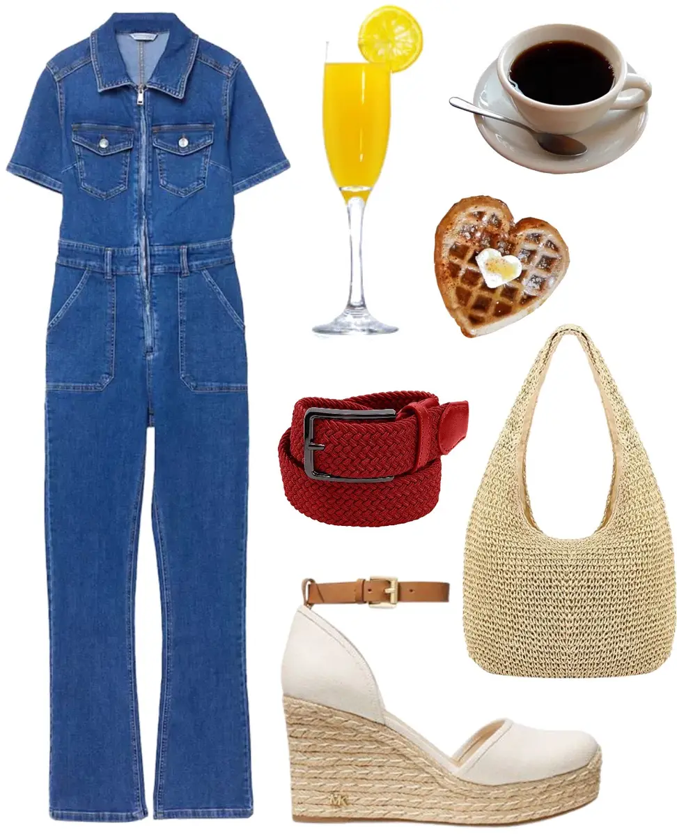 Jean jumposuit, red braided belt, whit ewedges, mimosa, cup of coffee, heart shaped waffle and a straw bag. 