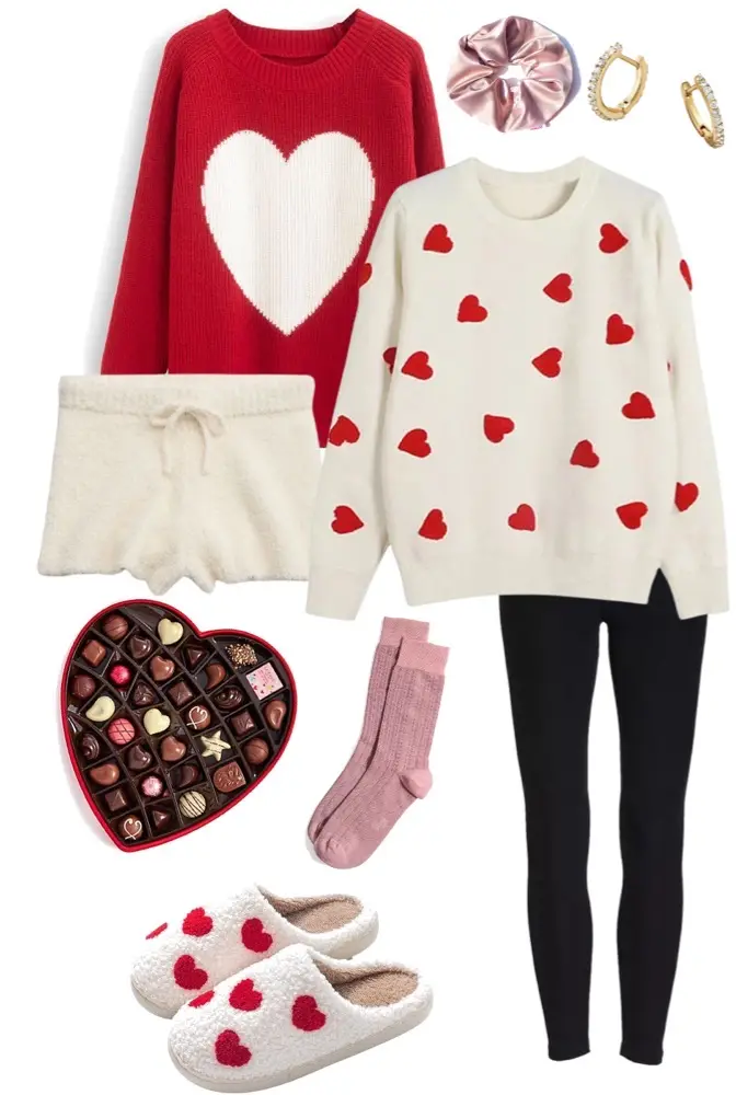 A red sweater with a white heart paired with white pijama shorts, a white sweater with little red hearts paired with black leggings, pink scrunchie, golden hoops, pink socks, white slippers with pink and red hearts, and a heart-shapped box of chocolates.