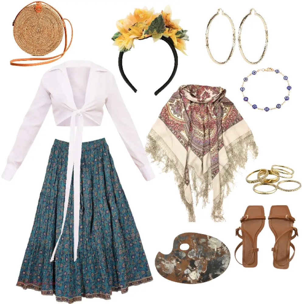 Long teal skirt, white longsleeve that ties in the front, a patterned shawl, headband with flowers, hoop earrings, gold rings, brown sandals, and a paint palette.