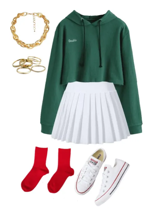 White tennis skirt paired with a dark green hoodie, red socks, white Converse, and gold jewelry. 