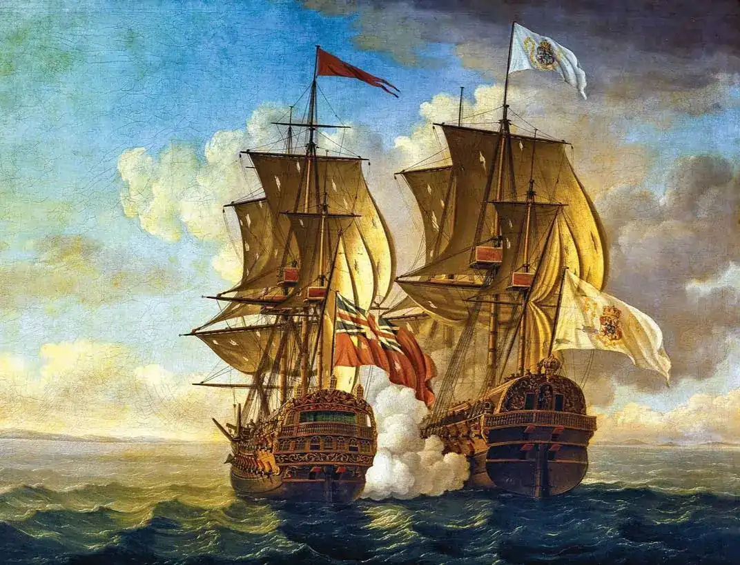 Painting of Spanish galleons sailing away from the viewer. 