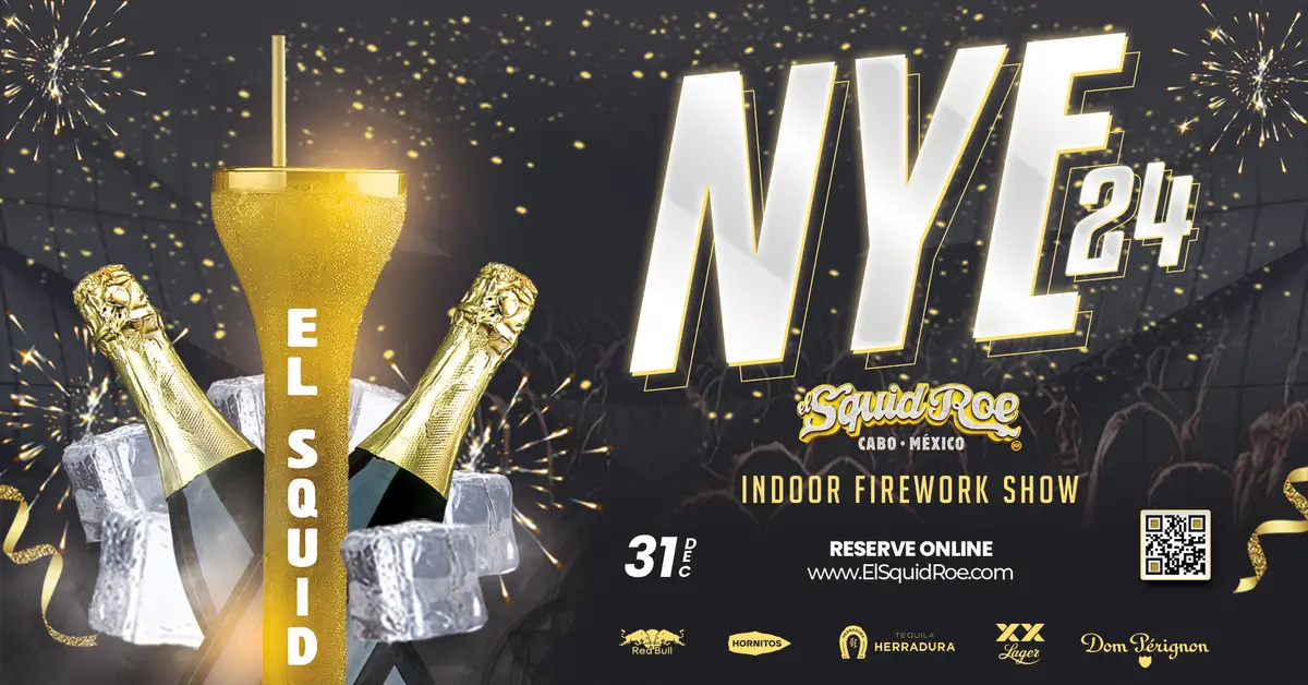 New Years Eve event poster with info on the right side and a couple of champagne bottles on the left side with a golden "yard drink" in front of it.