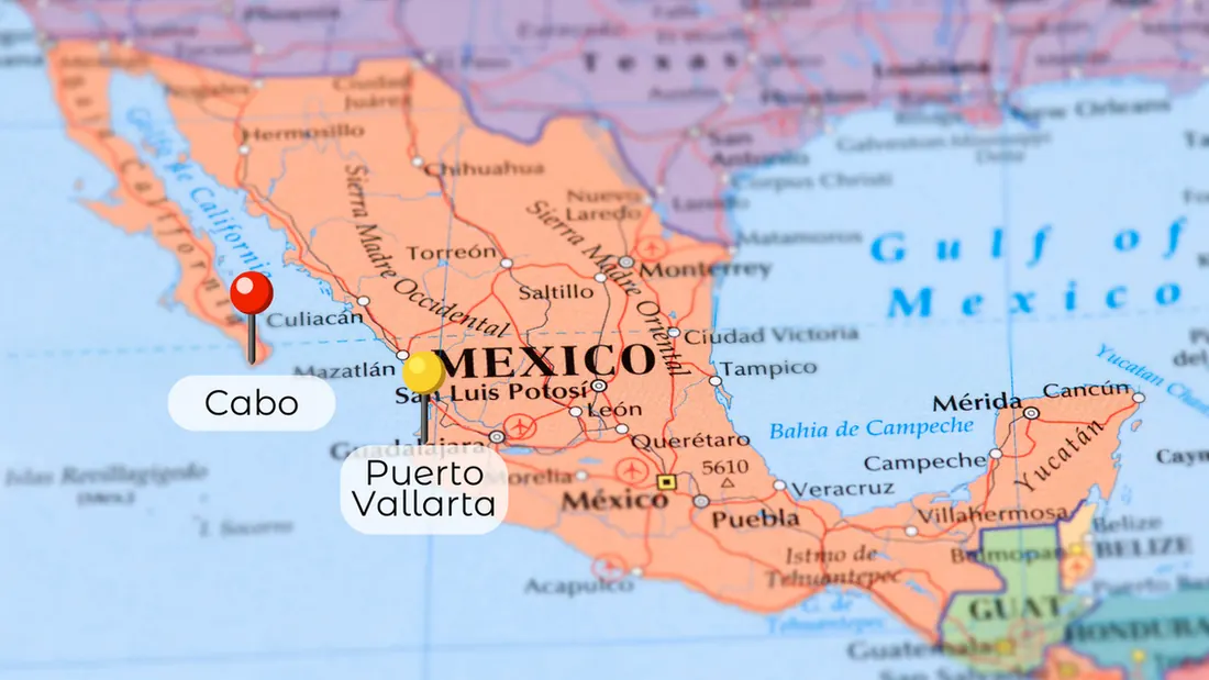 Map of Mexico with a pin where Cabo San Lucas is and where Puerto Vallarta is. 