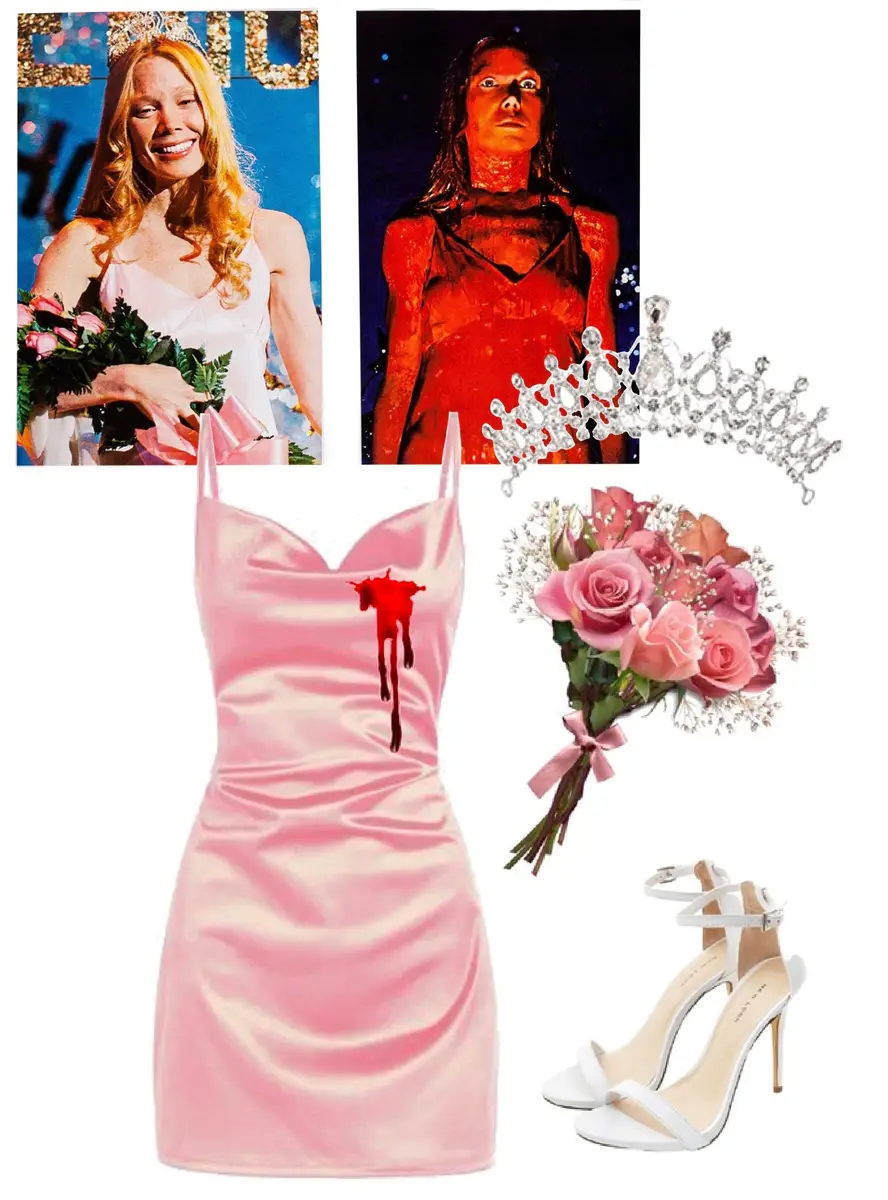 Pink, satin dress with blood splatter on it, white strappy heels, bouquet of flowers, diamond crown, and two pictures of Carrie, before and after the blood splatter for reference. 