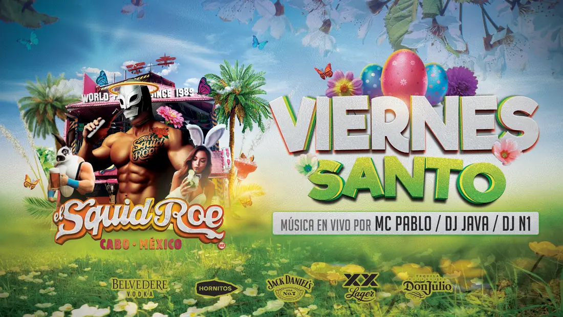 Viernes Santo at El Squid Roe flyer with El Santo, luchador, and women dressed as Playboy bunnies.