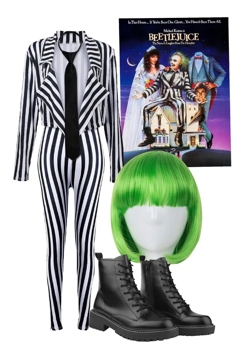 Beetlejuice costume ideas: black and white stripped suit, black combat boots, green wig, and Beetlejuice movie poster for reference. 