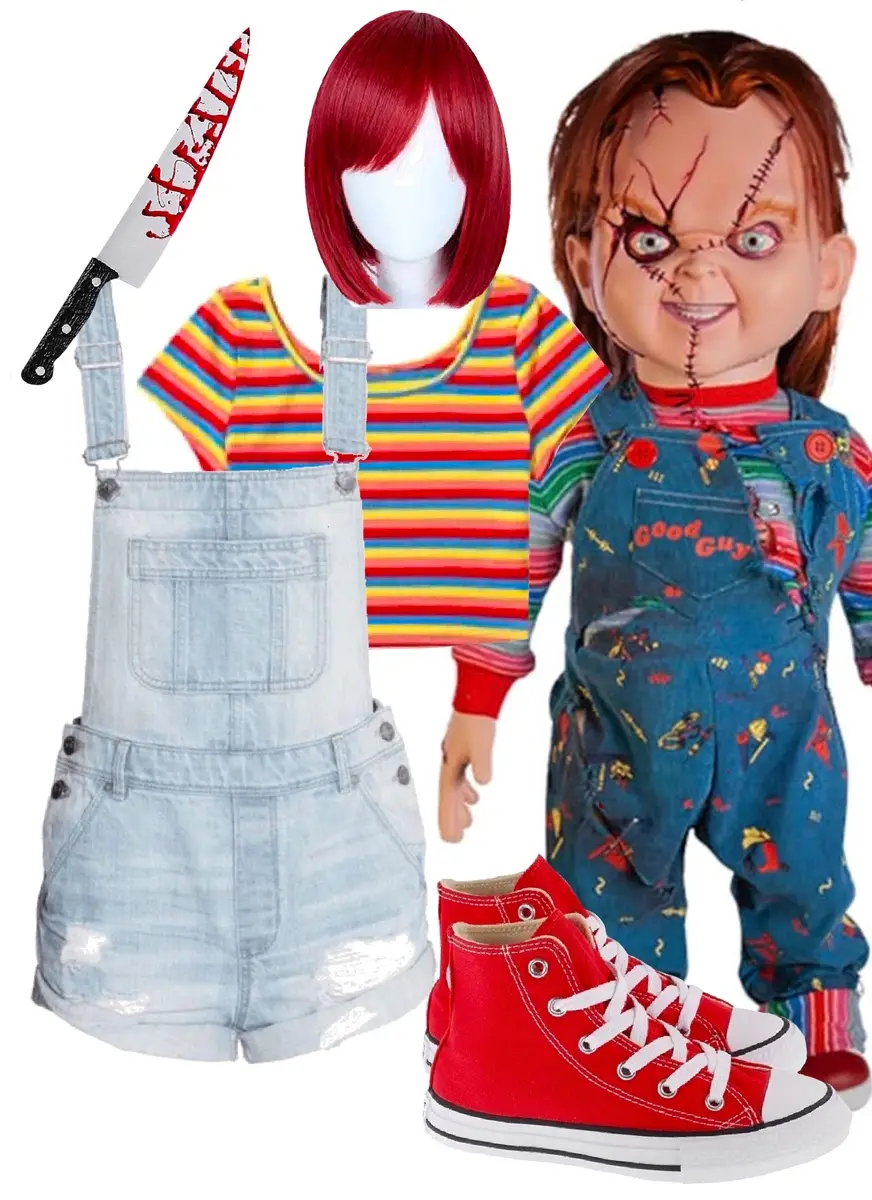 Chucky costume idea: overalls, rainbow crop top, red Converse, a fake knife with fake blood, and a picture of Chucky for reference. 