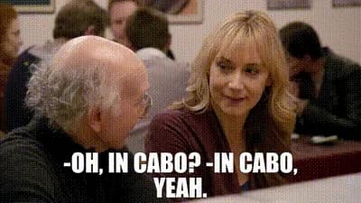 Larry from Curb Your Enthisuasm inviting his blind date to a destination wedding in Cabo. 