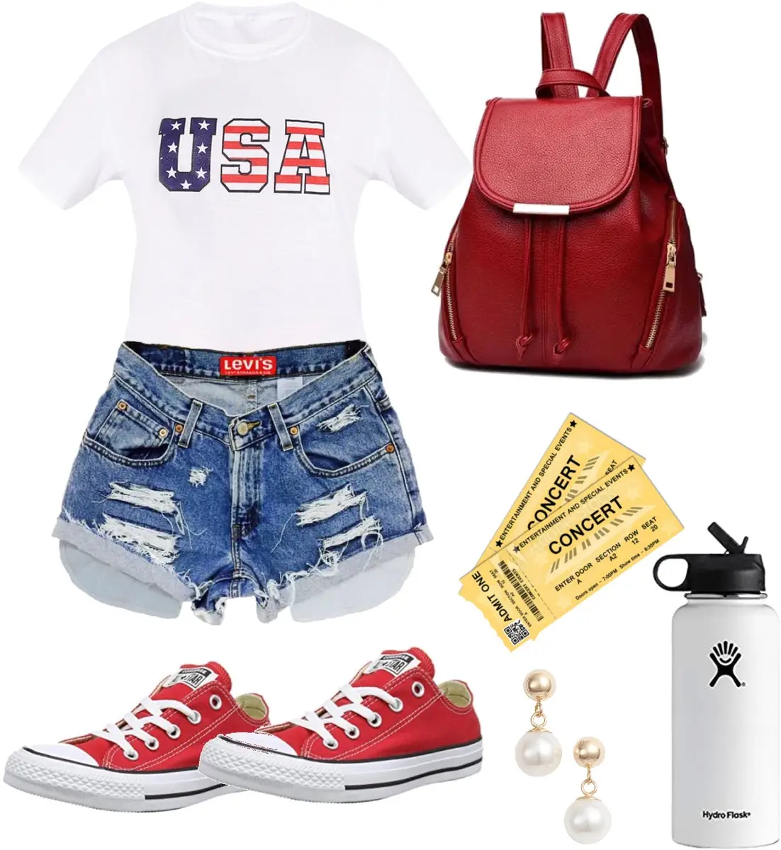 White graphic tee shirt with "USA", denim shorts, red Converse, red backpack, pearl earrings, and a white reusable water bottle. 