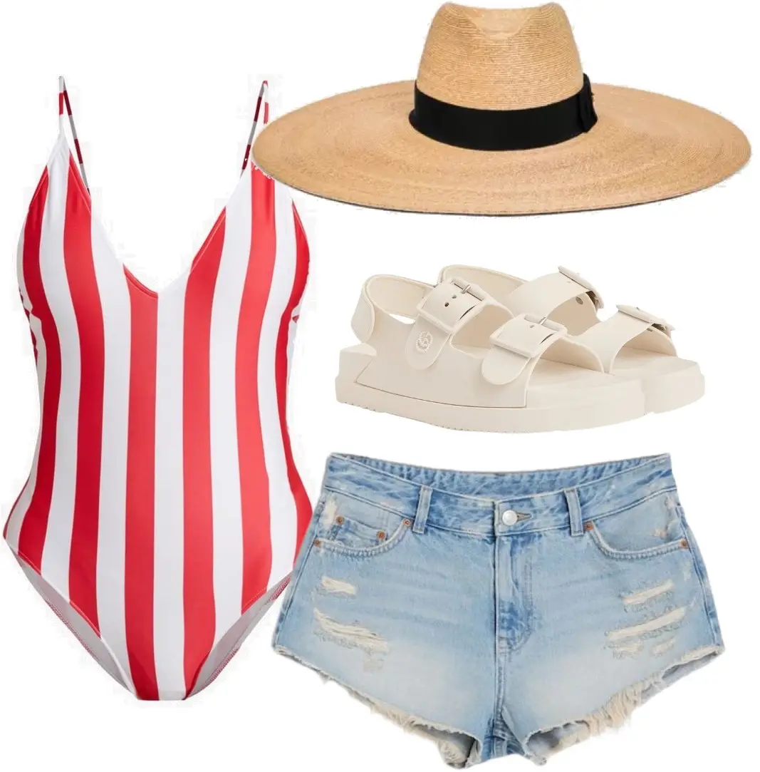 A red and white striped swimsuit paired with distressed denim shorts, flip-flops, and a wide-brimmed straw hat. Don't forget your sunblock! 