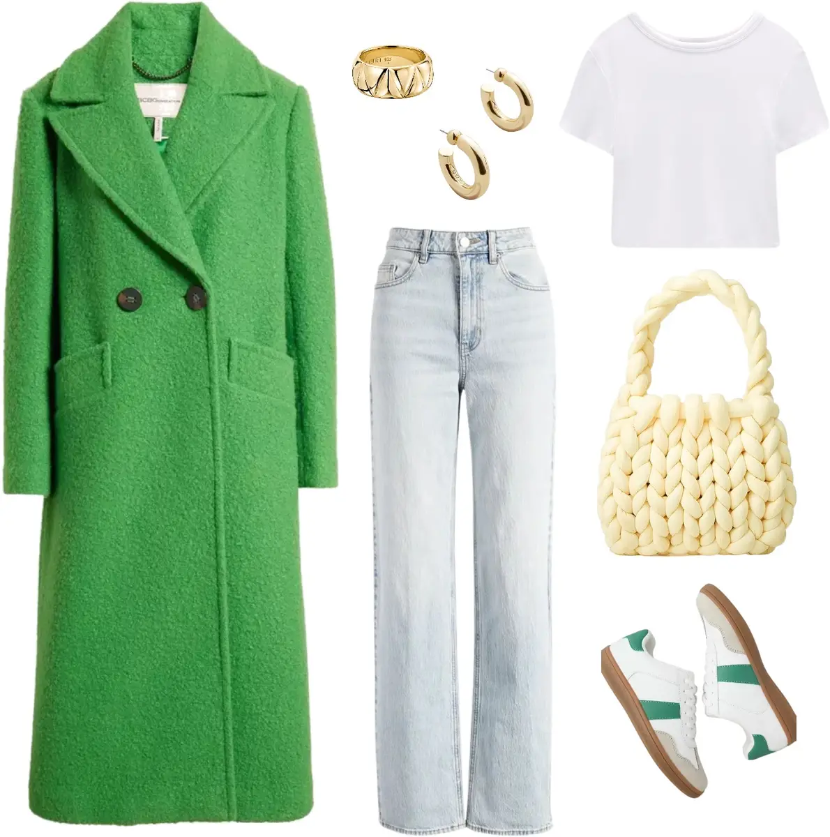 Light-wash jeans, white crop top, green coat, white chunky bag, white tennis shoes with green details, and gold jewelry.