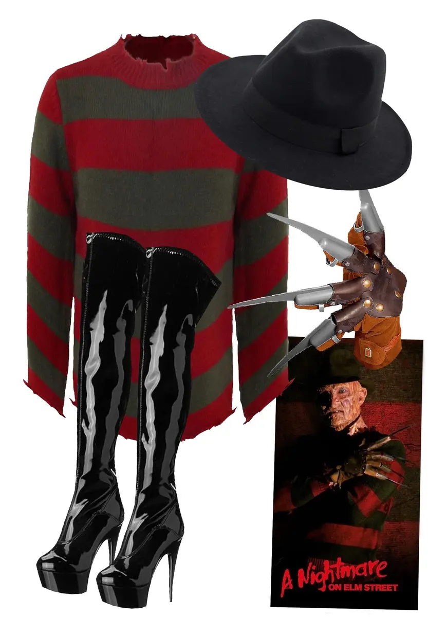 Freddy Krueger costume ideas: red and green sweater dress, thigh high pleather boots, black fedora hat, glove with fake knives, and The Nightmare on Elm Street poster for reference. 