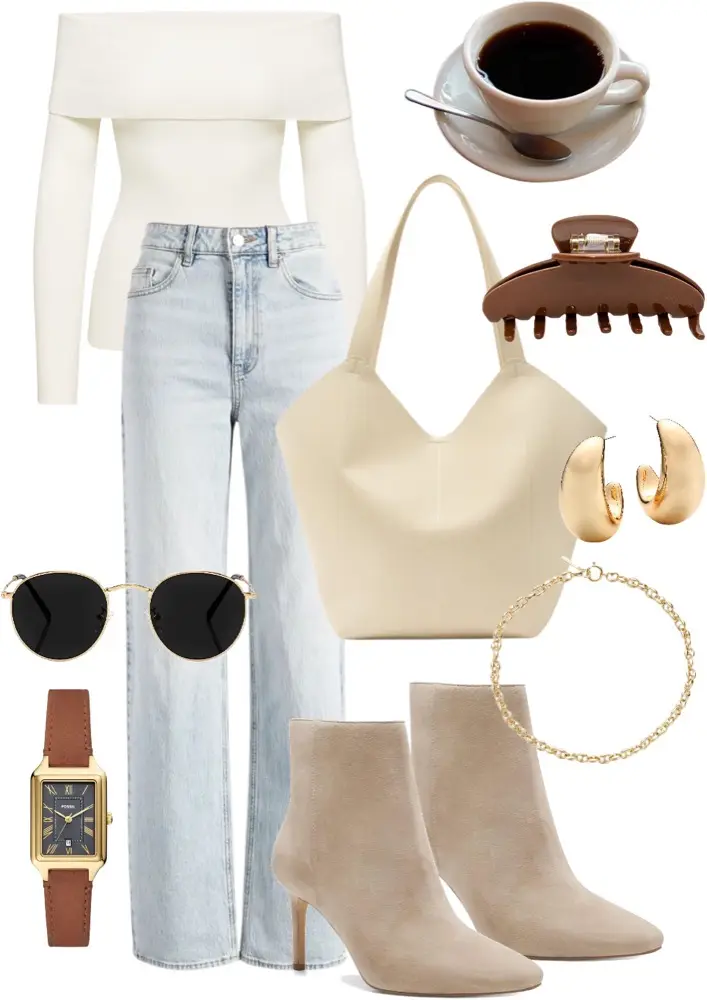 White off-the-shoulder sweater, high waisted jeans, camel ankle boots, white leather tote bag, a cup of coffee, a brown claw clip, thick gold earrings, golden chain necklace, black sunglasses, and a brown leather strap watch.