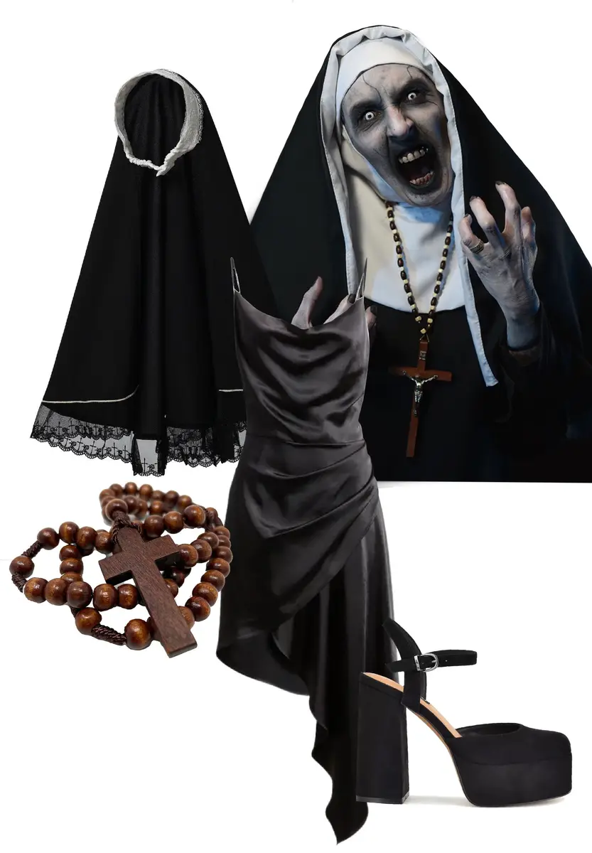 Black, satin dress, black heels, wooden crucifix, black and white nun veil, and a picture of The Nun from the movie for reference. 