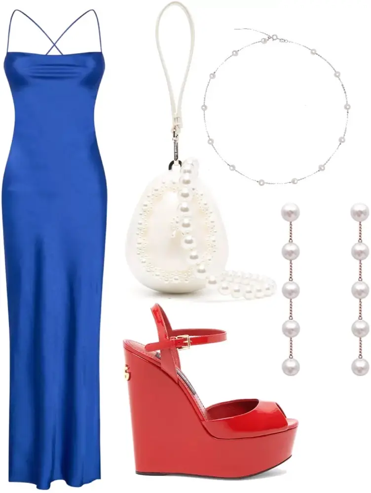 Navy blue satin long dress, red high heels, pearl purse, long pearl earrings, and a pearl necklace. 