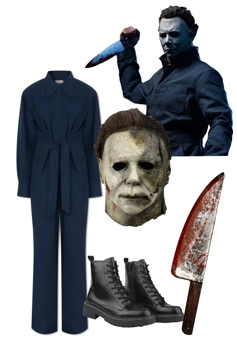 Michael Meyers costume ideas: fitted, blue jumpsuit, black combat boots, fake knife with fake blood, and Michael's mask and an image of Michael for reference. 