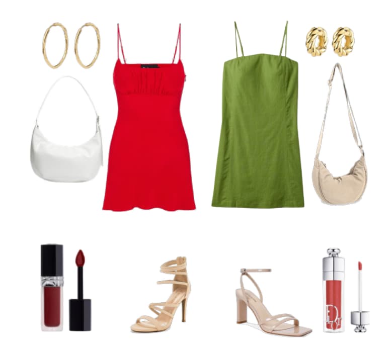 Red mini dress with strappy heels, dark red lip gloss, a white purse and big hoop earrings on one side, on the other green mini dress with strappy kitten heels, pink lip gloss, an off-white cross body bag, and small hoops. 
