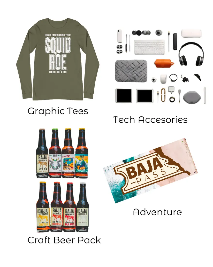 Cabo Christmas gift guide for him, including an El squid Roe graphic tee, tech accessories, Baja Pass, and craft beer. 