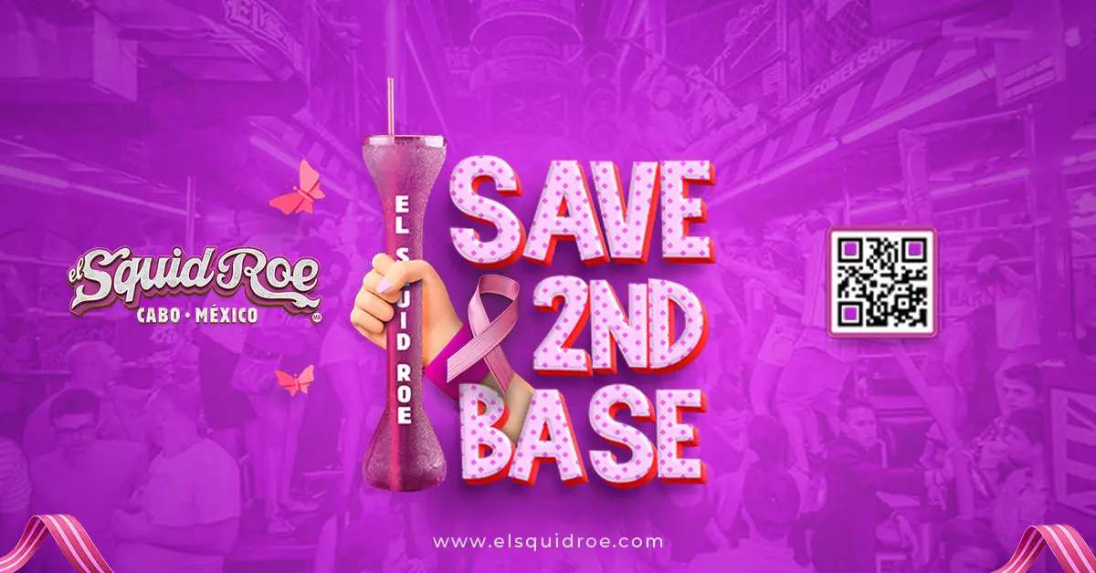 Save Second Base event flyer with hand holding a pink "yard drink" and a QR code to RSVP.