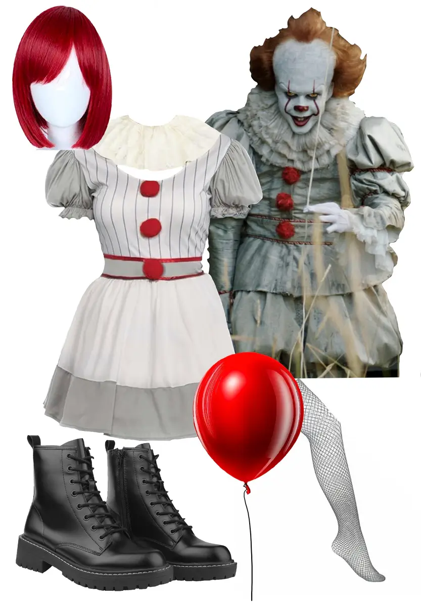 Pennywise costume idea: grey, white, and red clown costume, black combat boots, fishnet tights, red wig, and a red balloon, picture of Pennywise for reference.