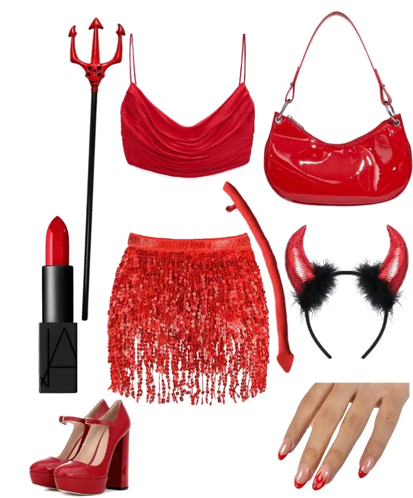 Red sequin skirt, red crop top, red pleather purse, red heels, red lipstick, costume pitchfork, devil horns on a headband, a red french manicure with flames. 