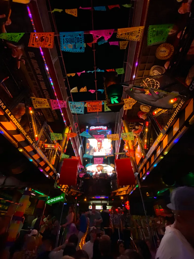 Interior of El Squid Roe decorated for Mexico's Independence Day. 