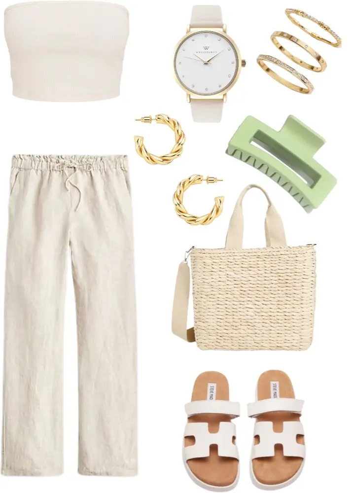 Baggy linen pants, cream colored tube top, beige sandals, weavon tote, green claw clip, white watch, stack of golden rings, and gold hoops. 