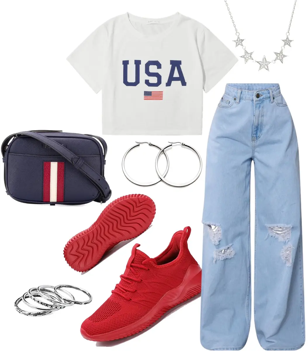 Usa graphic tee shirt, high waisted blue jeans, red tennis shoes, silver hoop earrings, silver star necklace, silver rings, and a blue cross body bag.
