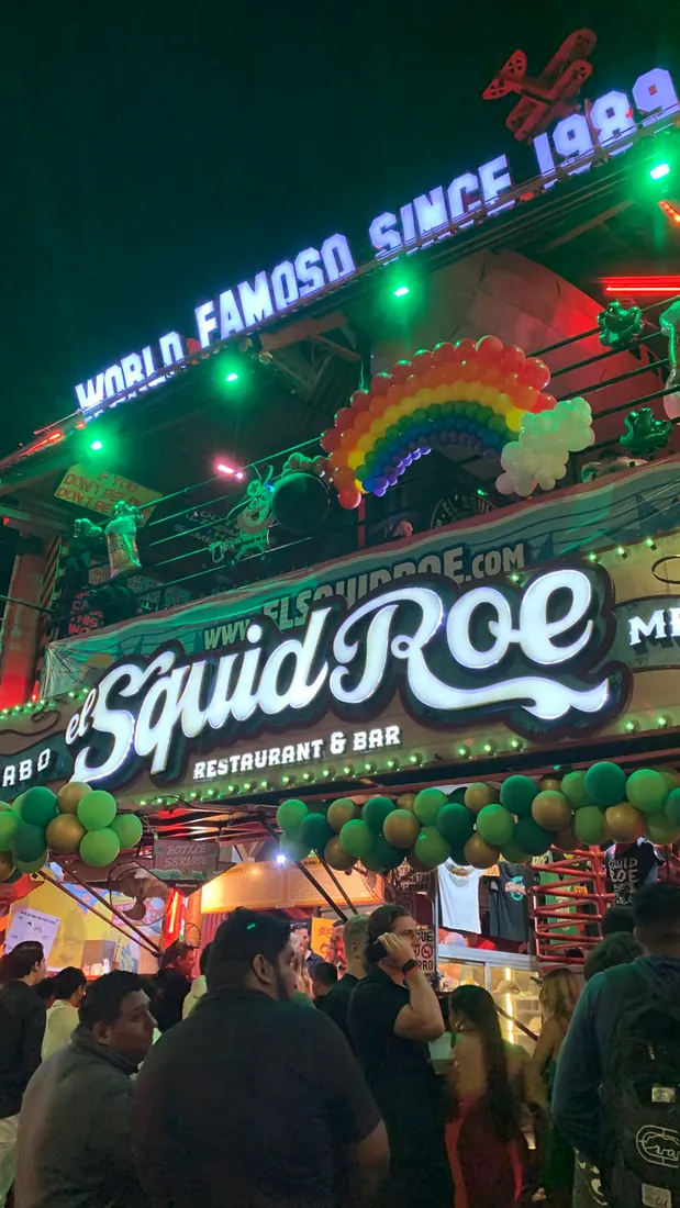 Entrance of El Squid Roe in Cabo, Mexico, decorated for Saint Patrick’s Day.