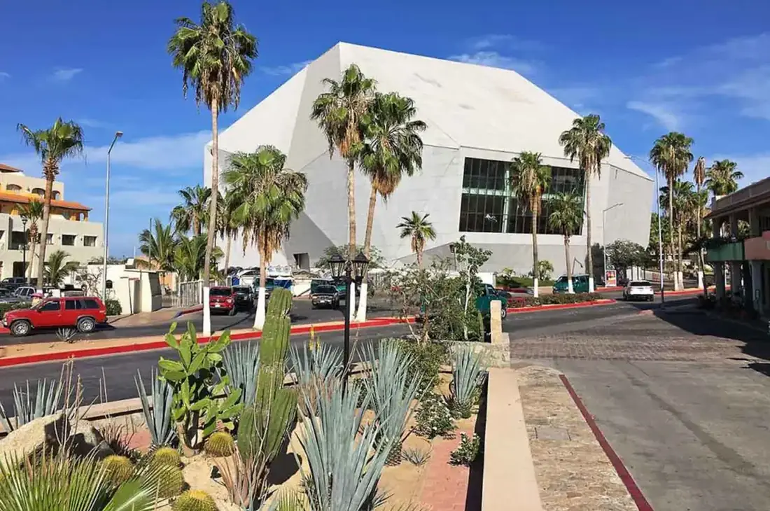 Oddly shaped Cultural Pavilion seen from across the street on a bright, sunny day, palm trees lining the street.