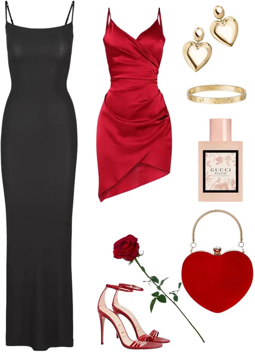 Red satin mini dress, black flor length dress, red strappy heels, long stem rose, heart shapped purse, gold earrings with a heart, golden bangle, and a perfume. 