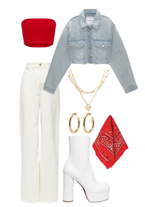 White high-waisted jeans with a red bandeau top, white platform boots, light wash jean jacket, red bandana, and gold jewelry.