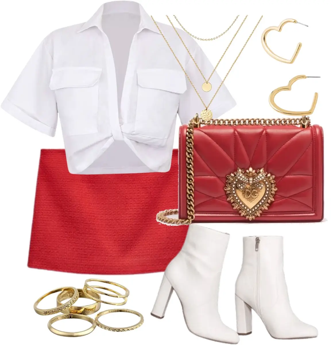 Red mini skirt, cropped button down tied at the waist, white ankle boots, red and gold purse, heart shapped hoops, gold chain necklaces, and multiple gold rings. 