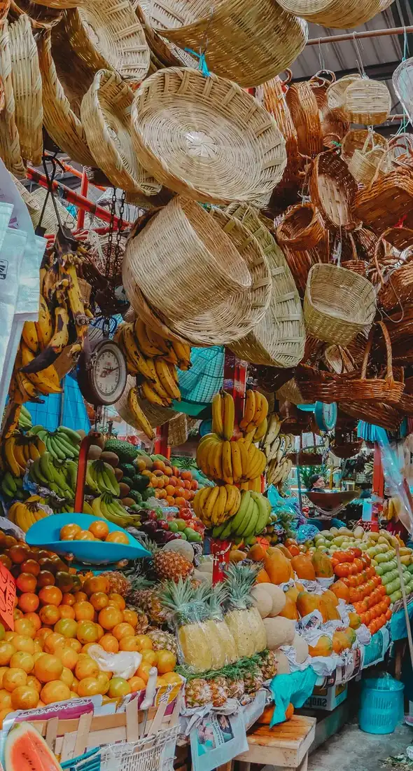 Mexican fruit stand with baskets. 