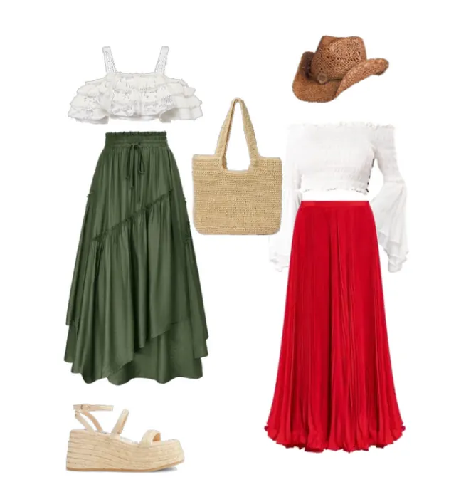 Long, green skirt paired with an off the shoulder white, crop top; a long red skirt paired with a long sleeve, off the shoulder top, a woven cowboy hat, jute tote bag, and espadrille sandals. 