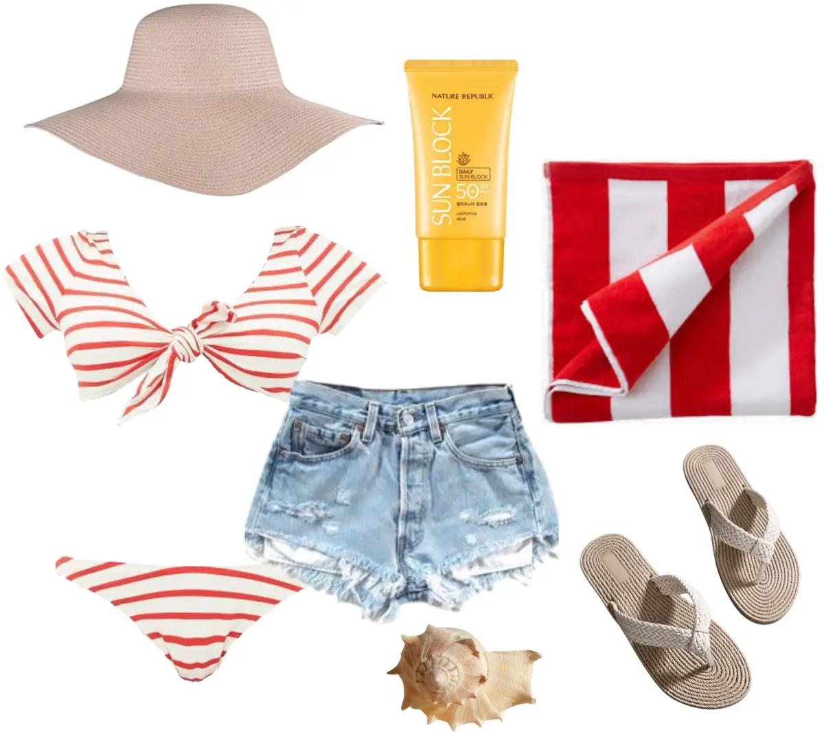 Red and whote stripped bikini, ripped denim shorts, sandals, red and white beach towel, sunblock, and a sea shell. 