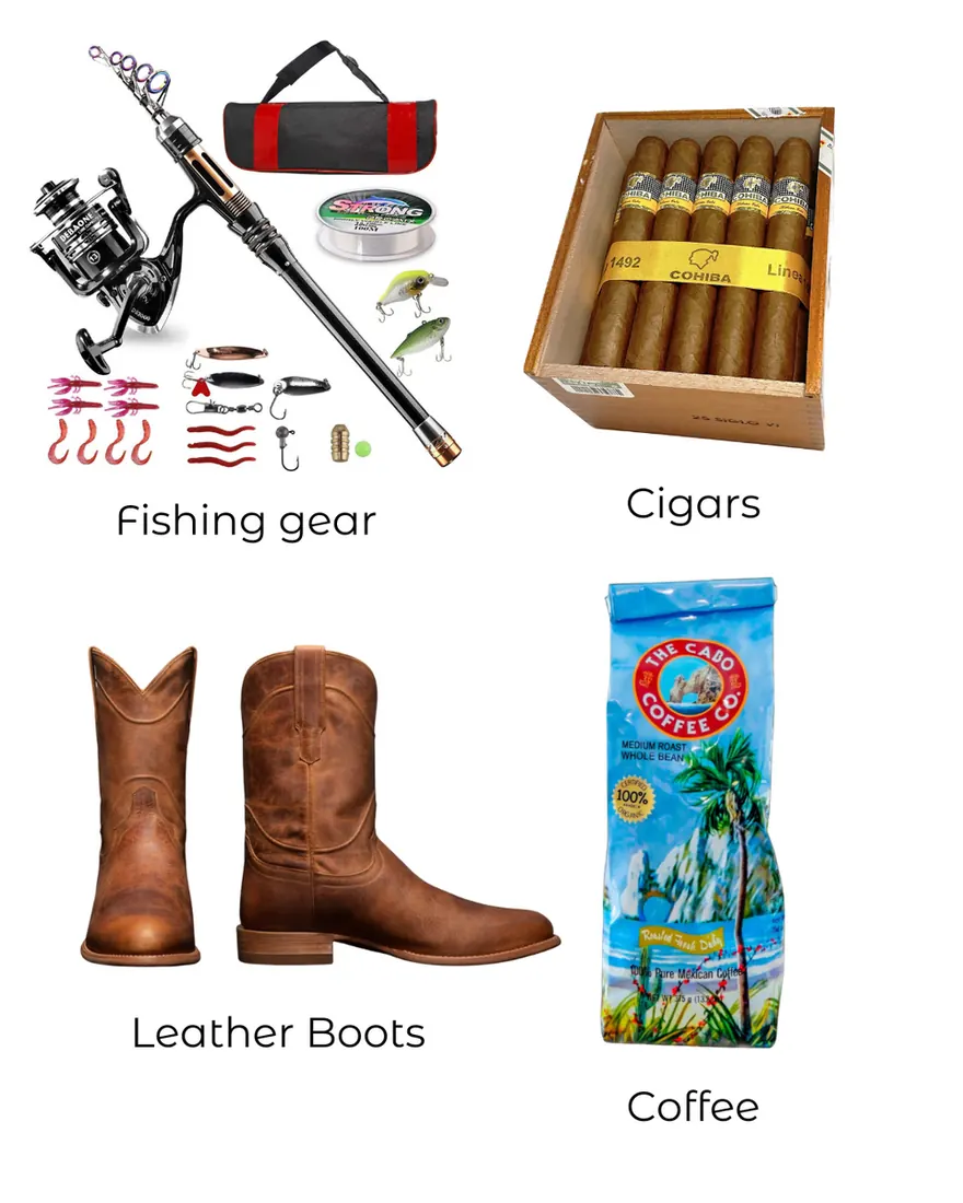 Cabo Christmas gift guide for Dad, including fishing gear, cigars, leather boots, and coffee from Cabo Coffee Co. 