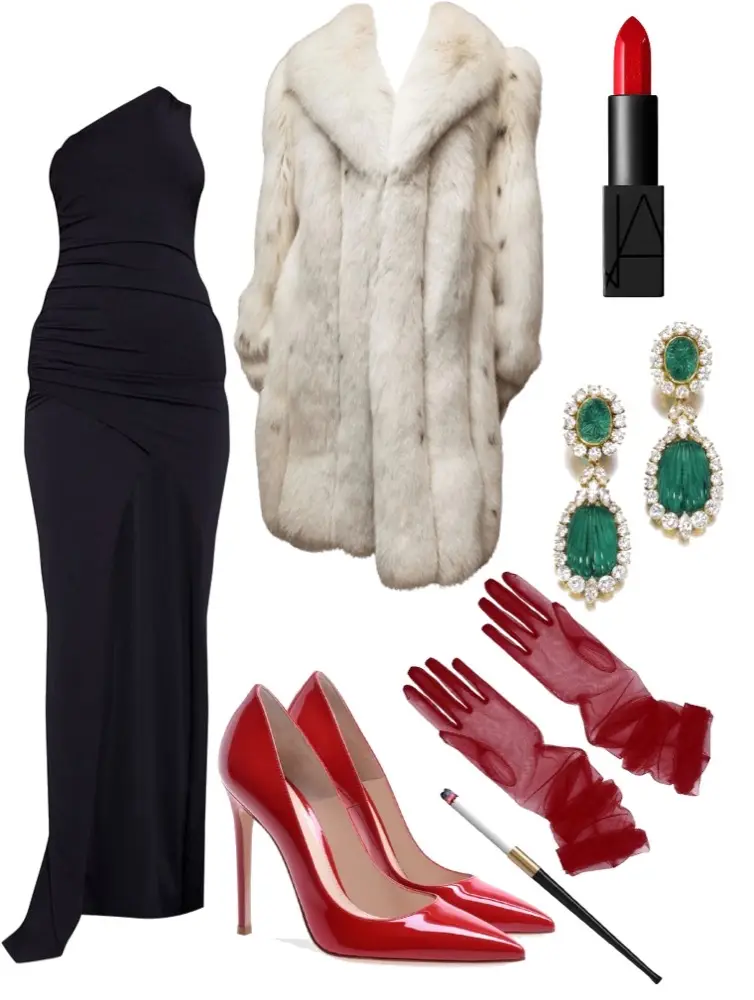 Long, one shoulder, black dress, white fake fur coat, red heels, red pleather gloves, emerald earrings, red lipstick, and a cigarette with a long cigarette holder.