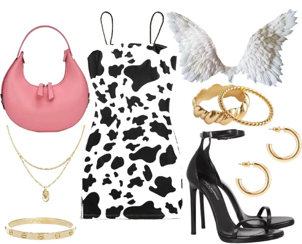 Black and white cow print bodycon dress, wings, strappy black heels, pink purse, and gold rings, necklace, earrings, and bracelet. 