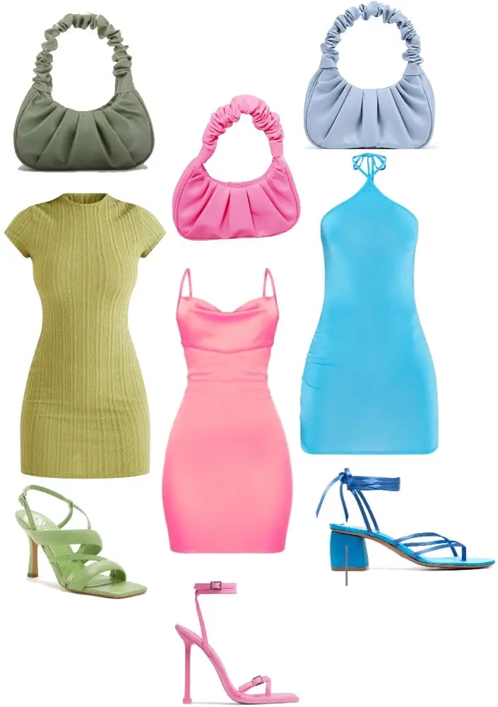 Three bodycon dresses, three scrunchie purses, and three strappy shoes, all in pink, blue, and green. 