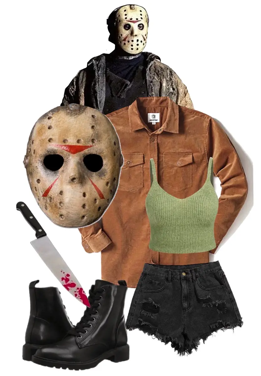 Jason Voorhees costume idea: black cutoff shorts, green crop top, brown oversized button up, black combat boots, a fake knife with fake blood, Jason's iconic hokey mask, and a picture of Jason for reference. 
