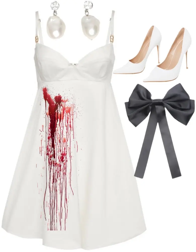 White dress splattered with fake blood, pearl earrings, a black bow for your hair, and white pumps.
