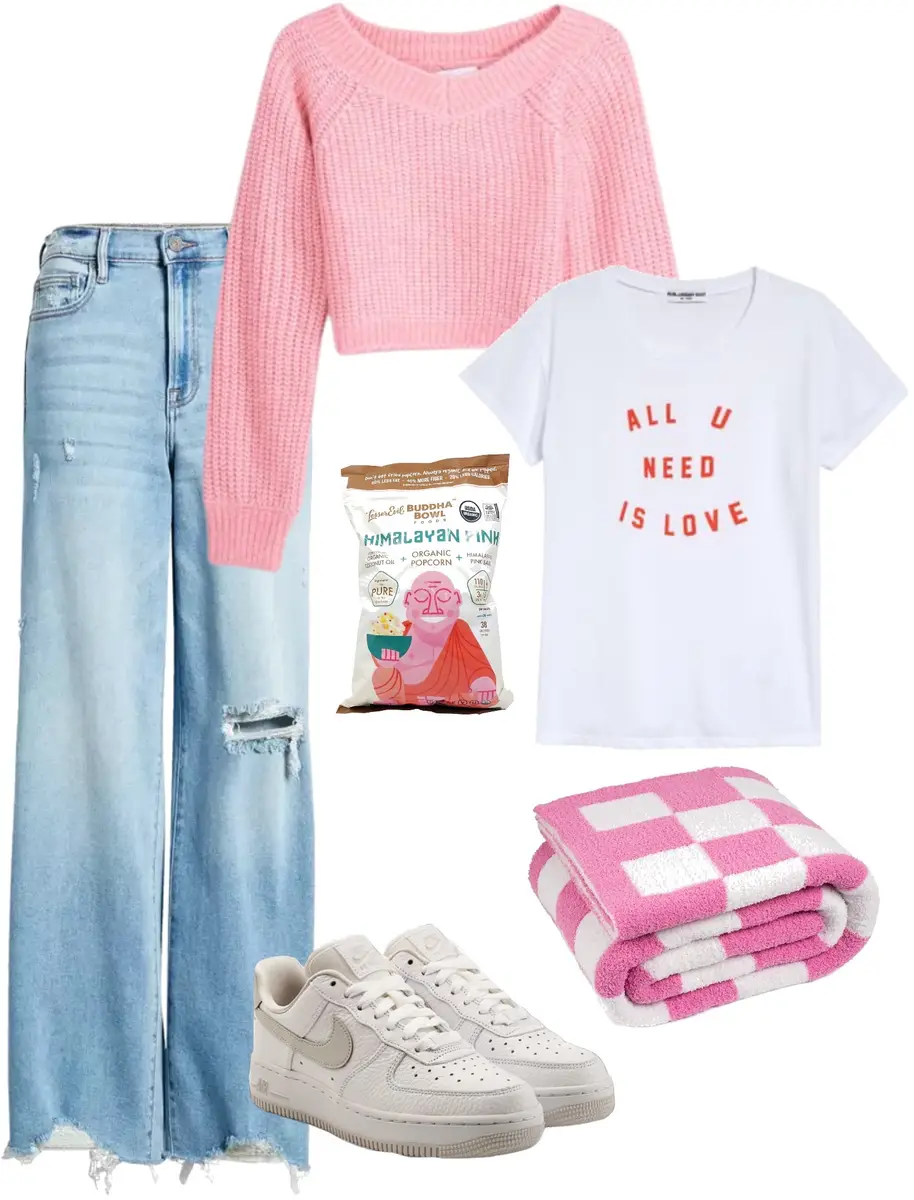 Baggy, ripped jeans, white tee shirt that reads "All you need is love," white Nikes, pink and white checkered blanket, and a bag of popcorn. 