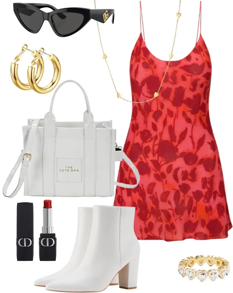 Short, red, floral dress, white ankle boots, white leather tote bag, red lipstick, golden hoops, and black sunglasses.